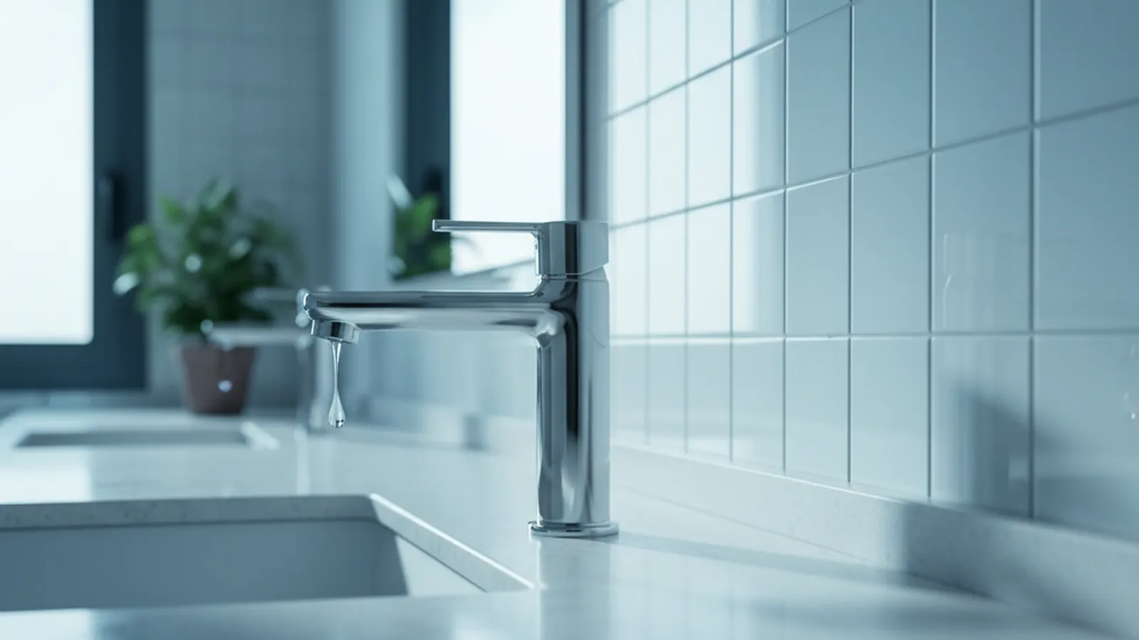 Grifería cromada sobre lavabo blanco en un baño reformado en San Juan Playa, Alicante